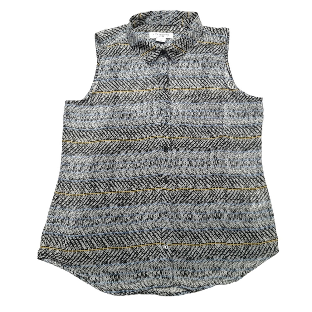 Liz Claiborne Blouse‎ Womens Petite PM Gray Sheer Chevron Sleeveless Button Down